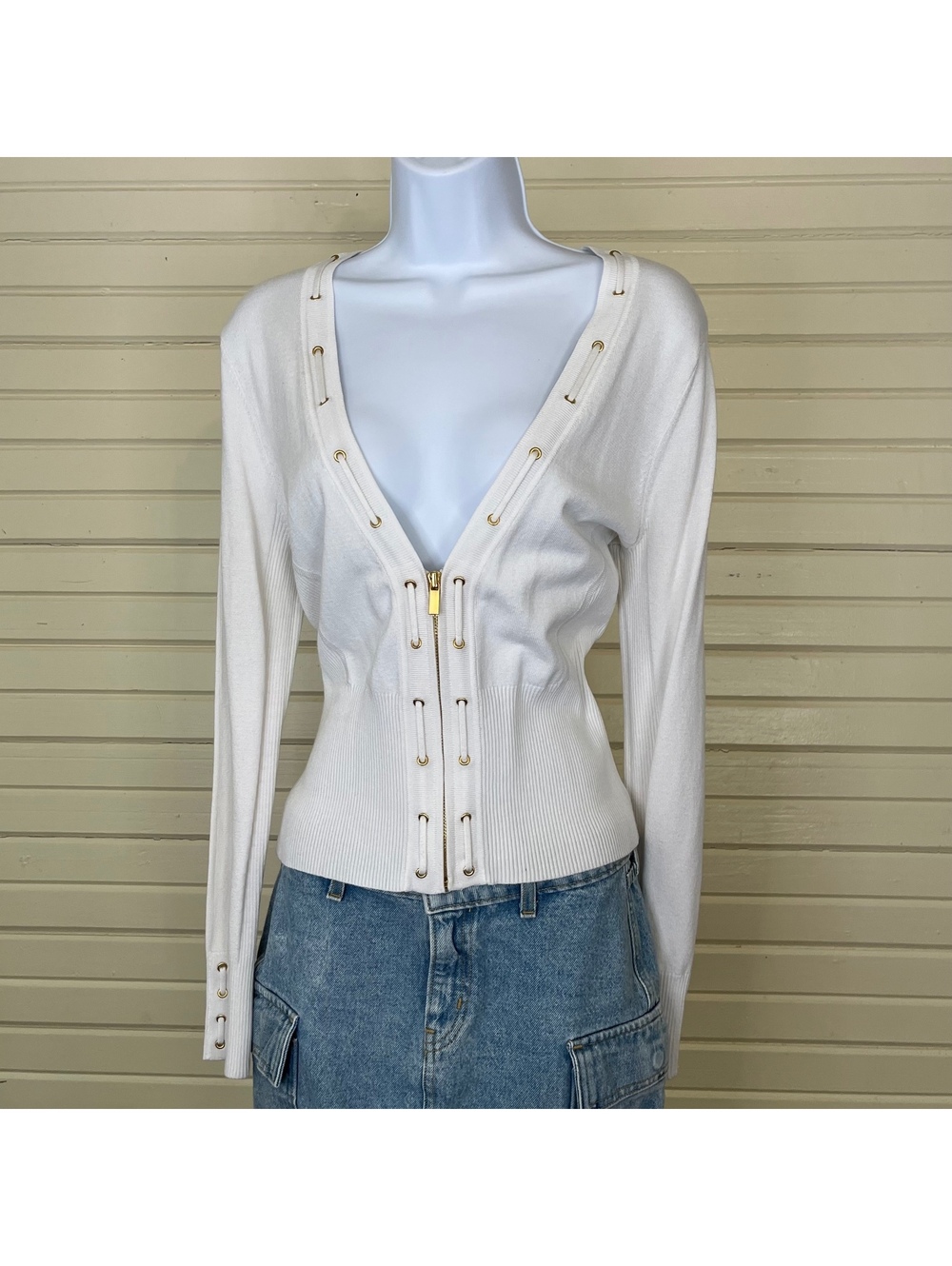 Cache Ivory Lace Up Eyelet Zip Front Rib Knit Cardigan Sweater Vintage Top L